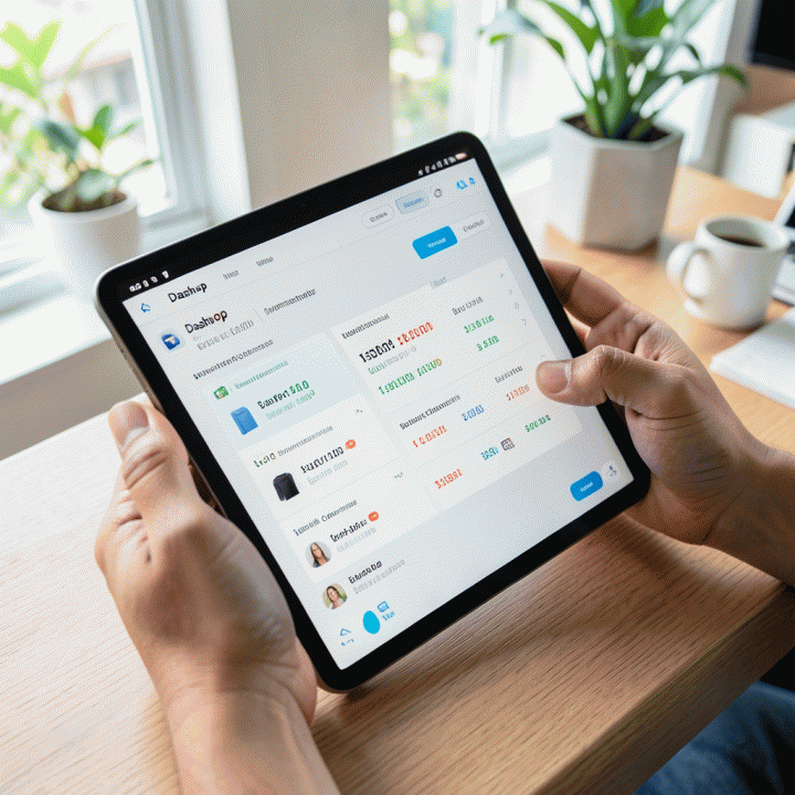 Tangan pengguna berinteraksi dengan tablet yang menampilkan perbandingan harga dan potensi komisi di Dashop.
