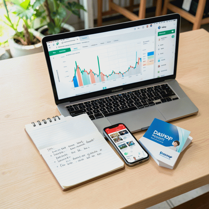 Komposisi flat lay yang menunjukkan peralatan riset e-commerce modern, dari laptop analitik hingga catatan tangan, menyoroti proses riset produk yang efisien.