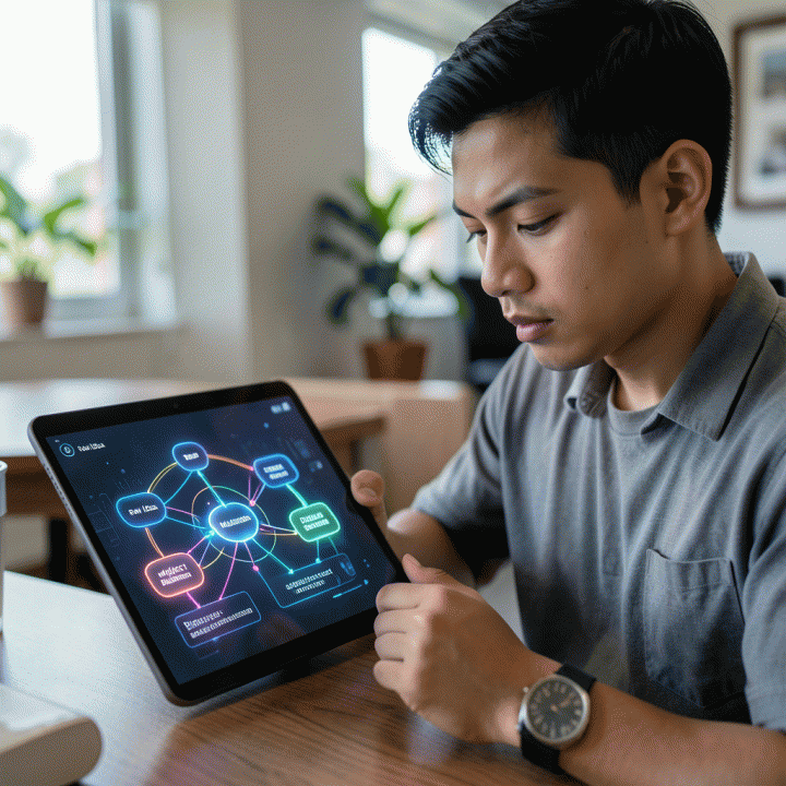 Seorang profesional muda Indonesia yang sedang menganalisis dan memetakan ide bisnis digital menggunakan tablet dengan bantuan visualisasi AI.