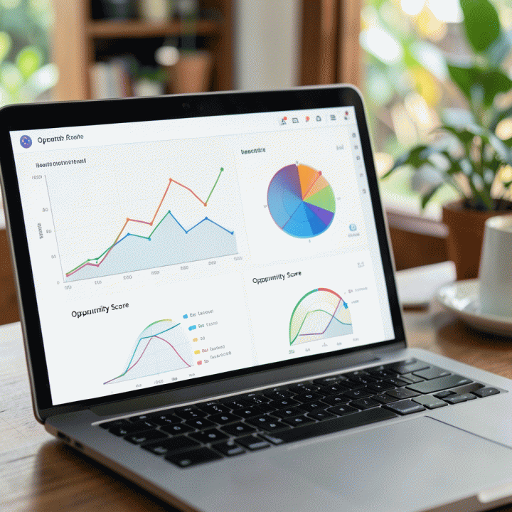 Tampilan close-up layar laptop yang menampilkan visualisasi analisis tren pasar dan skor peluang produk dari alat riset berbasis AI.