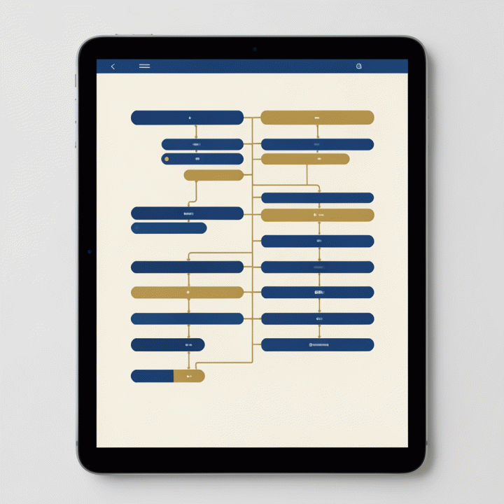 Tampilan antarmuka digital abstrak di tablet yang menampilkan diagram silsilah keluarga multi-generasi yang sangat terstruktur dan rapi.