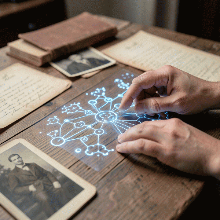 Tangan yang berinteraksi dengan antarmuka silsilah digital yang bercahaya, dikelilingi oleh foto dan artefak bersejarah, menunjukkan proses riset akademik.
