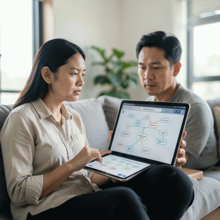 Seseorang sedang fokus mempelajari dan menyusun silsilah keluarga digital yang besar pada layar tablet atau monitor.
