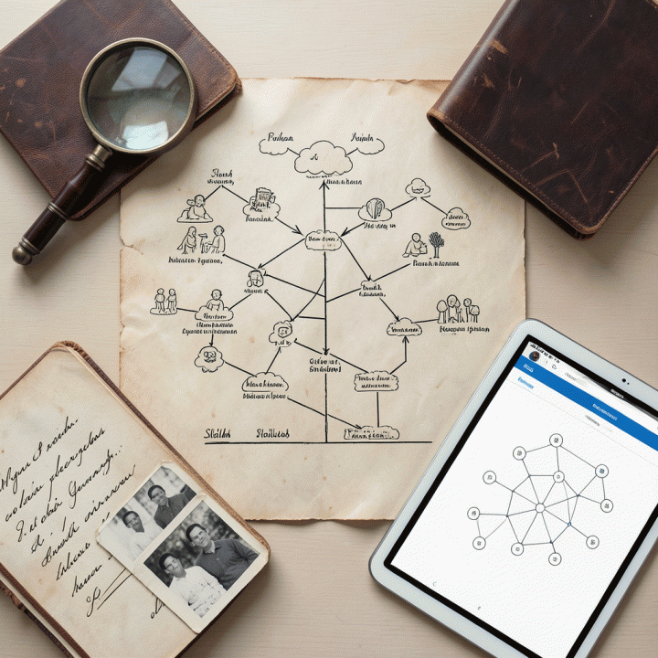 Tampilan atas (flat lay) meja kerja yang berisi pohon keluarga silsilah yang terstruktur, dikelilingi oleh alat riset seperti jurnal, foto lama, dan tablet digital.