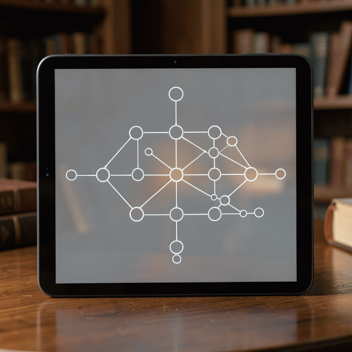 Tampilan digital pohon silsilah keluarga yang terstruktur dan rapi pada layar tablet, menunjukkan koneksi antar generasi.