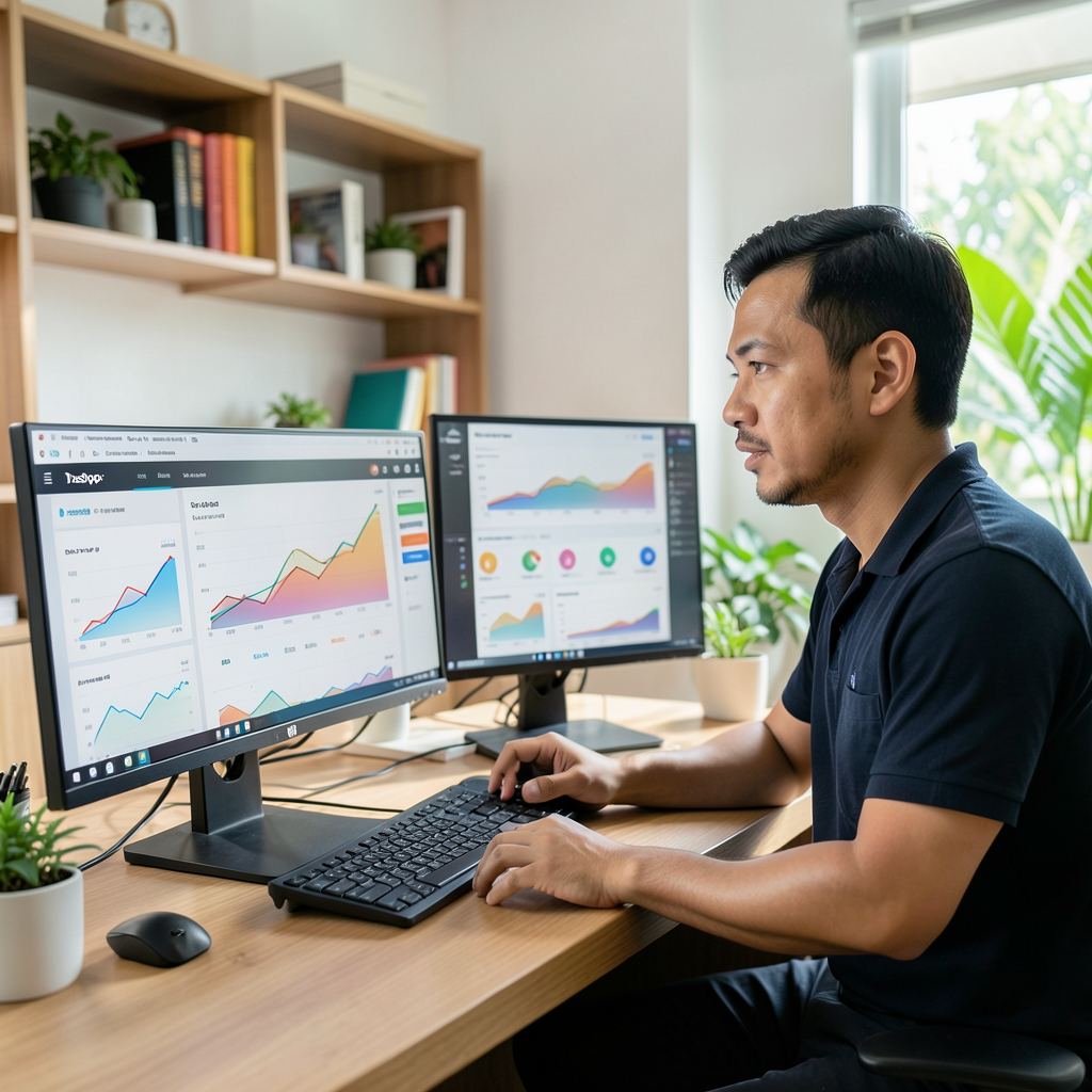 Seorang penjual e-commerce profesional di Indonesia menganalisis dashboard data analitik penjualan Shopee yang kompleks dan cerah di kantornya yang modern.