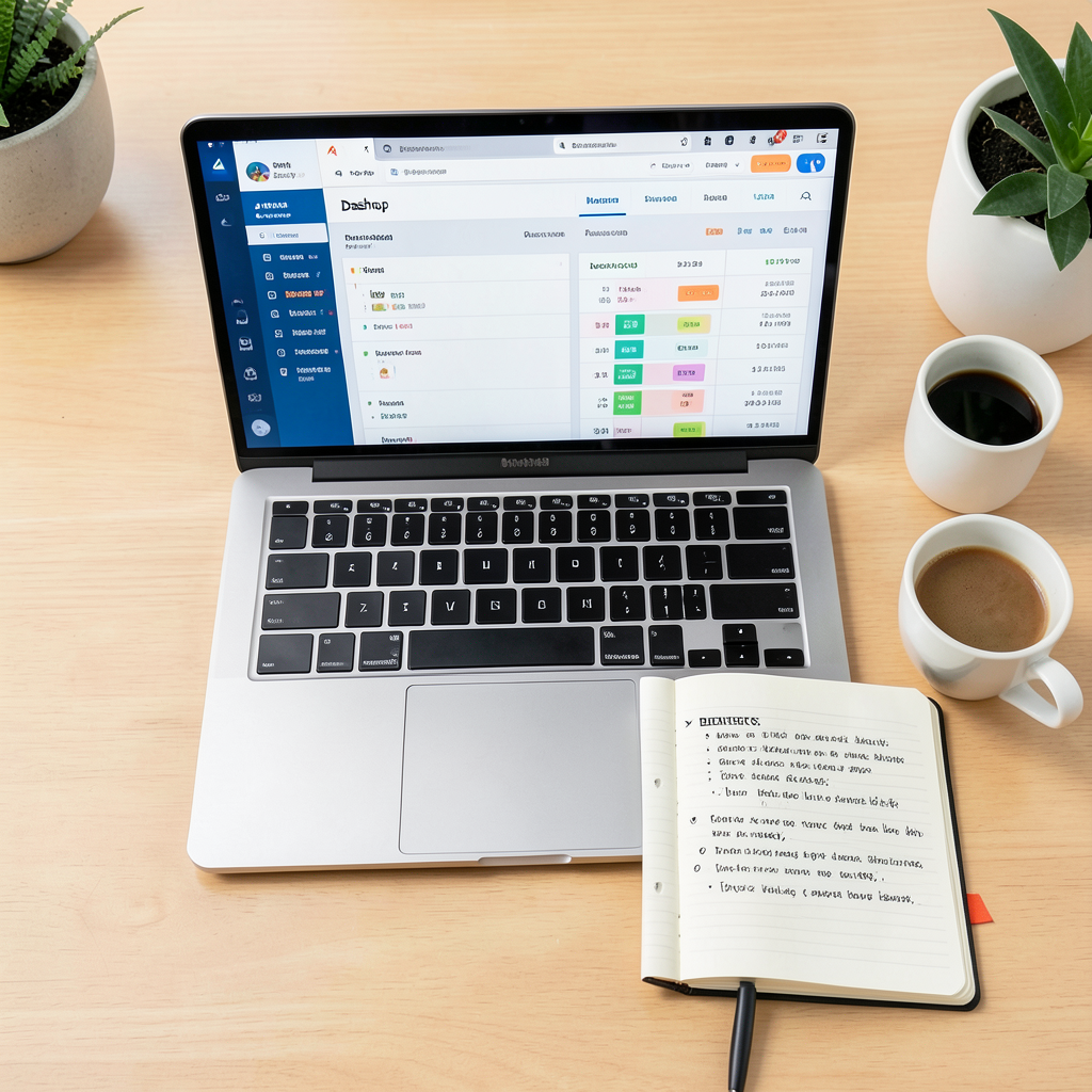 Tampilan atas meja kerja profesional yang menampilkan laptop dengan dashboard analitik bisnis dan catatan strategi di sampingnya.