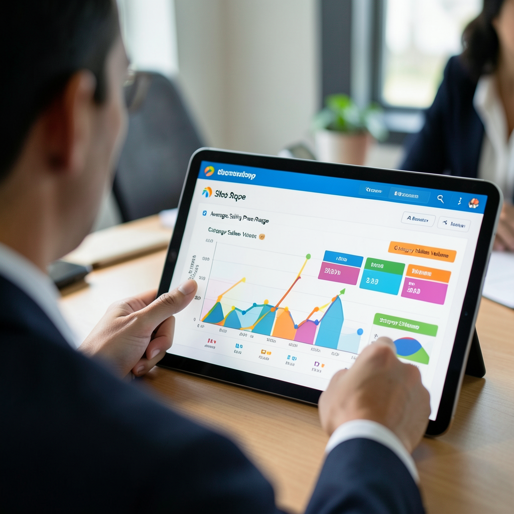 Analisis data harga rata-rata dan volume penjualan kategori e-commerce yang ditampilkan di tablet oleh seorang profesional.