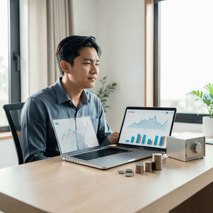 Seorang profesional muda Indonesia di meja kerja modern, menunjukkan rasa lega dan kontrol finansial, dengan laptop menampilkan grafik keuangan yang rapi dan positif.