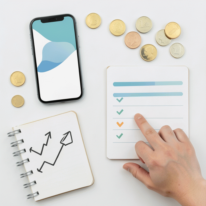 Komposisi flat lay dari elemen keuangan yang terorganisir, menunjukkan perencanaan dan prioritas utang yang jelas.