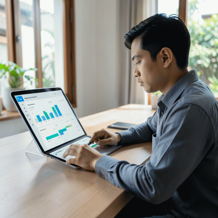 Seorang profesional muda Indonesia yang tenang dan fokus meninjau dashboard keuangan digital yang menunjukkan kemajuan pengelolaan utang dan keuangan pribadi di atas meja kerja modern.