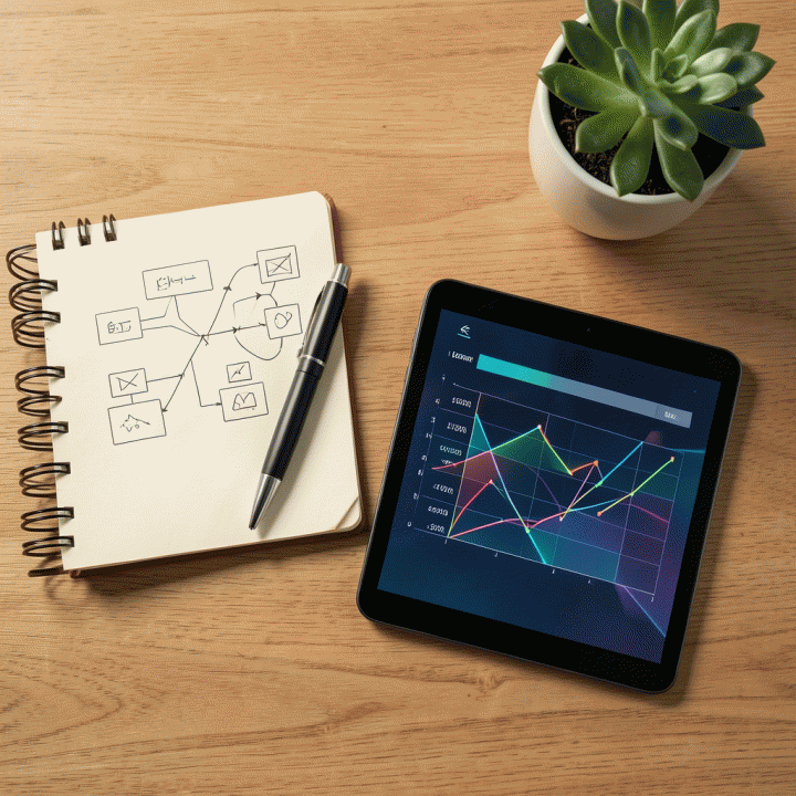 Tampilan atas (flat lay) alat-alat perencanaan keuangan yang rapi, termasuk buku catatan dan tablet, melambangkan manajemen anggaran keluarga yang terstruktur.