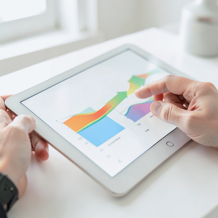 Tangan yang berinteraksi dengan tablet yang menampilkan visualisasi rollover saldo anggaran, menunjukkan perpindahan dana dari bulan ke bulan.