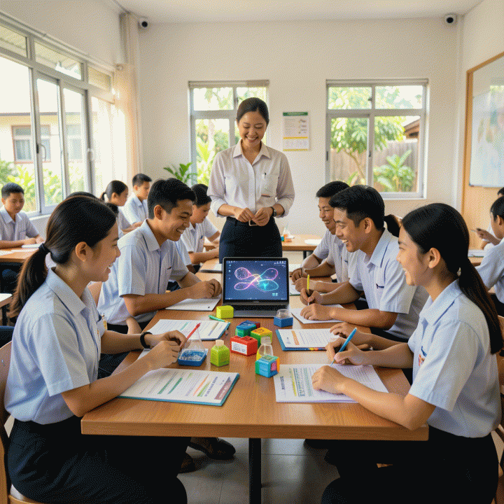Guru di kelas modern Indonesia membimbing siswa yang antusias dalam kegiatan belajar berdiferensiasi, didukung secara abstrak oleh teknologi AI.