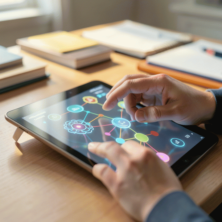 Tangan guru berinteraksi dengan tablet holografik yang menunjukkan visualisasi diferensiasi konten pembelajaran.