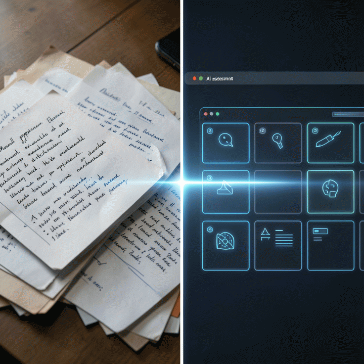 Perbandingan visual antara persiapan materi belajar manual yang menumpuk dengan antarmuka digital yang terstruktur berkat bantuan AI.