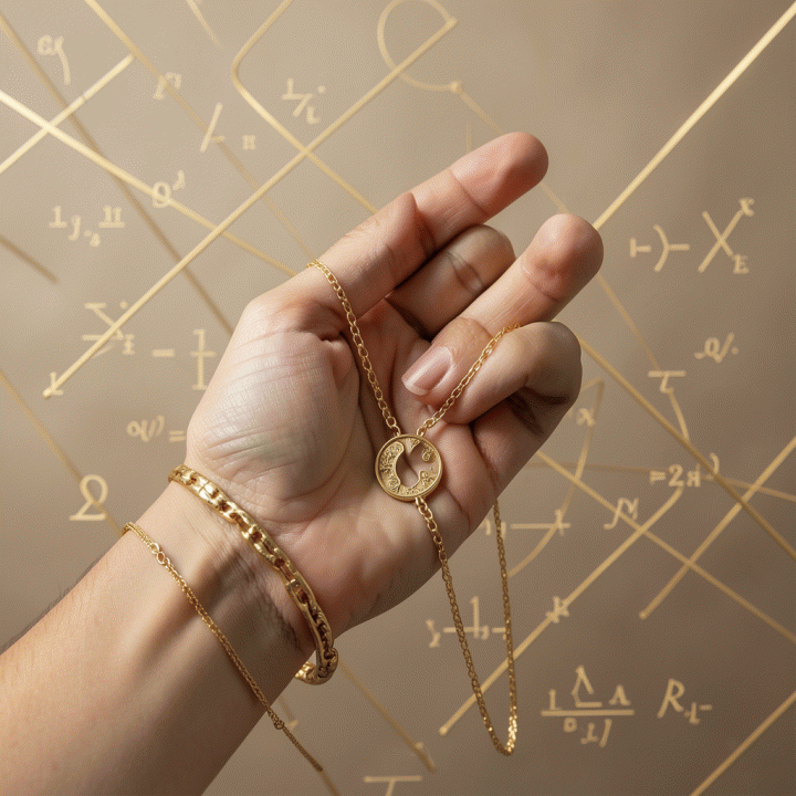 Gambar tangan yang menunjuk pada perhiasan emas dengan latar belakang konsep keuangan dan rumus matematika untuk menunjukkan proses pinjaman jaminan emas.