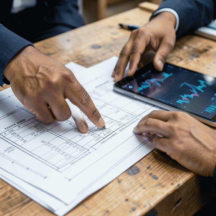 Tangan seorang kontraktor sedang menganalisis perhitungan biaya dan blueprint di atas meja kerja, menunjukkan detail manajemen anggaran proyek.
