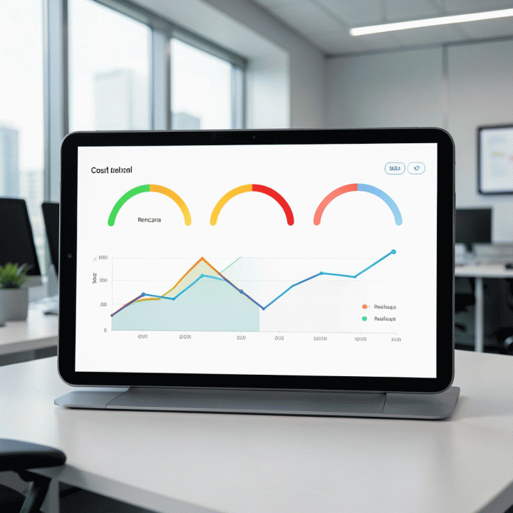 Tampilan antarmuka dashboard manajemen proyek yang visual dan modern, menunjukkan progres harian dan kontrol anggaran tanpa menampilkan teks.