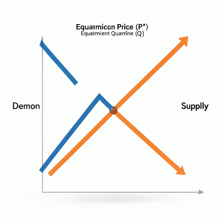Diagram kurva penawaran dan permintaan yang menunjukkan titik ekuilibrium harga (P*) dan kuantitas (Q*) di grafik ekonomi sederhana.