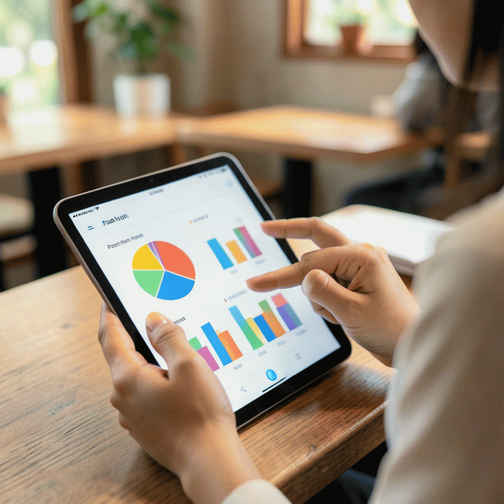 Tangan seorang pemilik bisnis menggunakan tablet untuk menganalisis grafik profit margin secara digital, menunjukkan kemudahan perhitungan biaya.