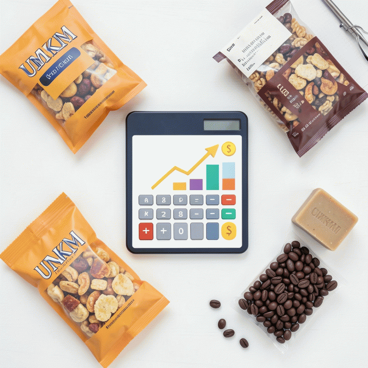 Tampilan datar meja kerja yang berisi kalkulator keuangan dan berbagai produk UMKM, menonjolkan konsep perhitungan harga jual yang terorganisir.