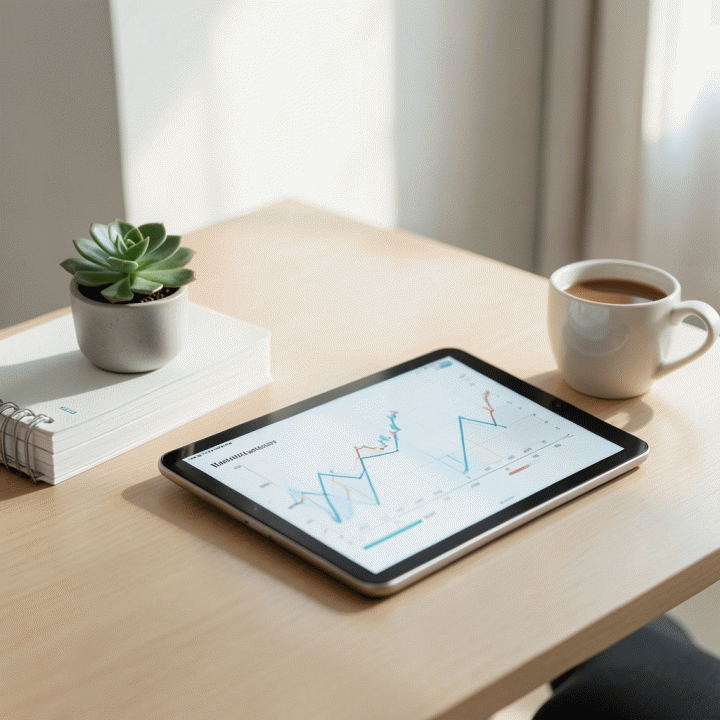 Meja kerja yang rapi dan minimalis dengan buku catatan perencanaan keuangan, tablet digital yang menampilkan grafik abstrak, dan tanaman hias, melambangkan pengelolaan keuangan pribadi yang terstruktur dan tenang.