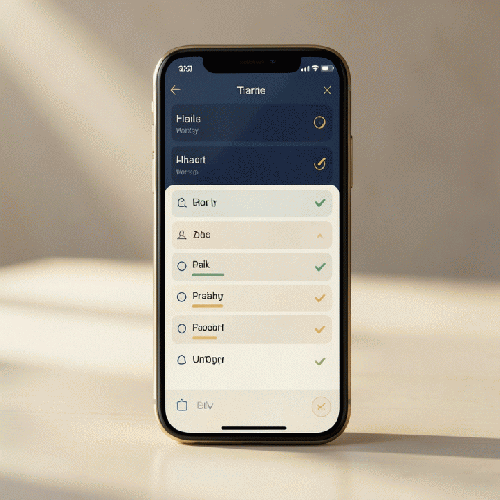 Desain antarmuka habit tracker digital yang bersih dan minimalis untuk praktik spiritual harian umat Muslim, menampilkan slot doa dan ibadah yang terorganisir dengan baik.