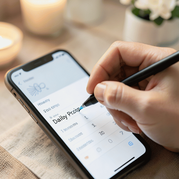 Tangan menggunakan stylus untuk menandai tugas ibadah harian yang selesai pada antarmuka aplikasi habit tracker digital yang bersih.