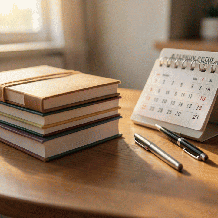 Tumpukan jurnal dan kalender yang terorganisir, melambangkan praktik spiritual harian yang konsisten.