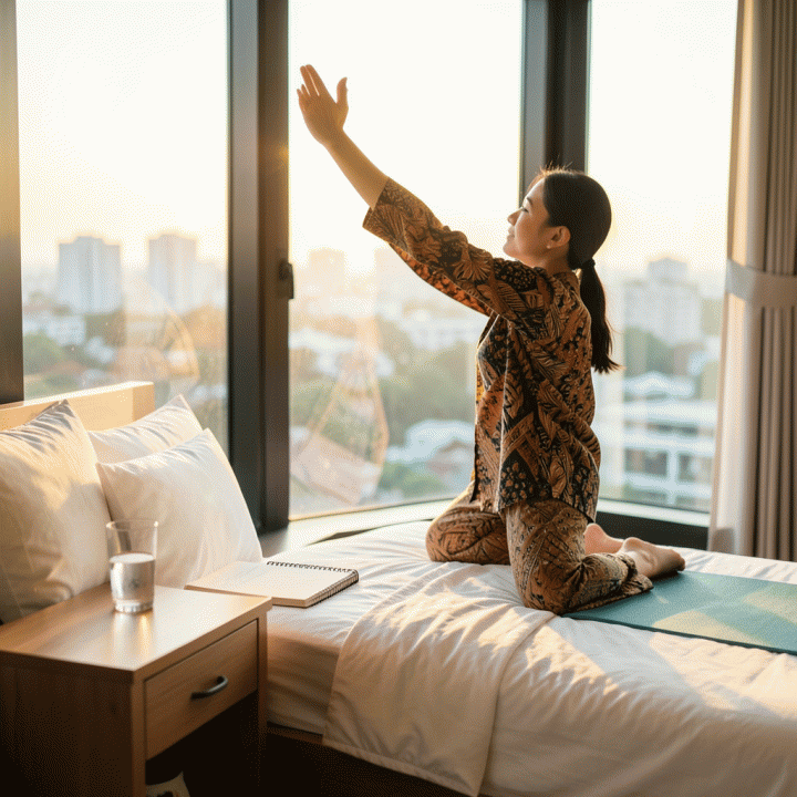 Seseorang melakukan peregangan ringan di kamar tidur modern saat matahari terbit, melambangkan awal rutinitas pagi yang produktif dan penuh energi.