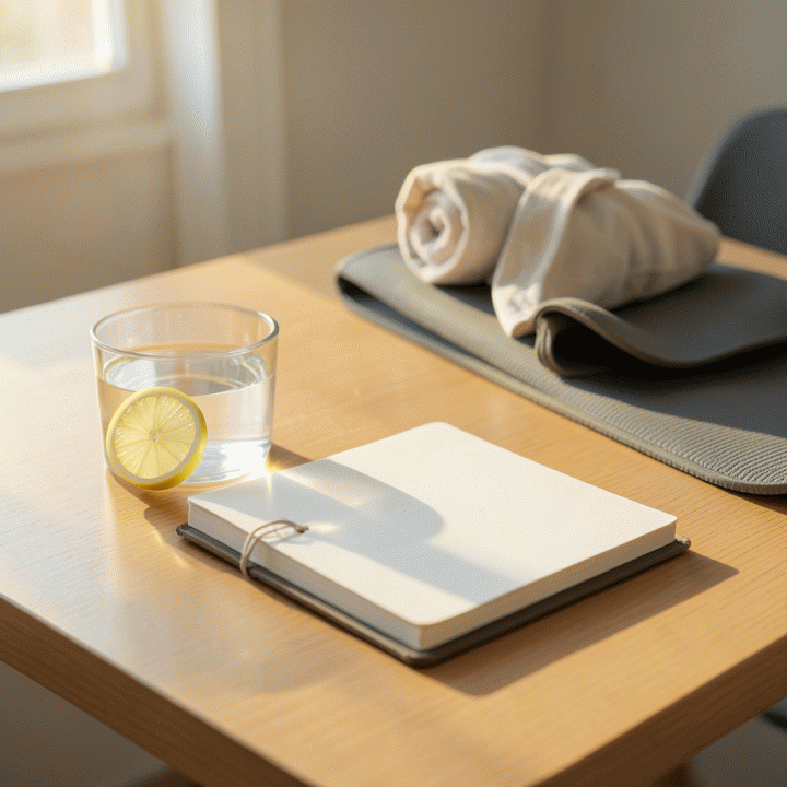 Detail sarapan air lemon dan alat olahraga ringan di meja kayu yang bersih, melambangkan fase hidrasi dan gerakan pagi.