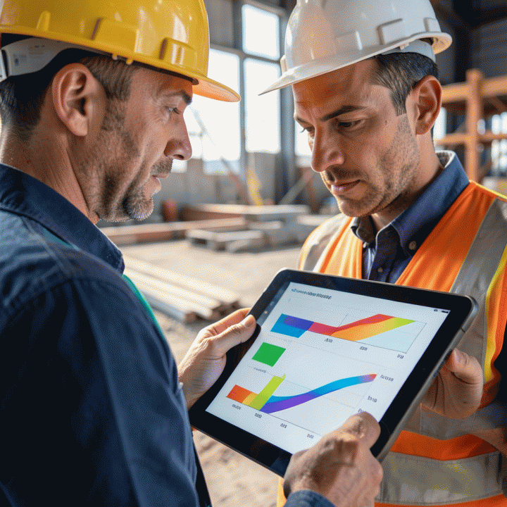Construction manager monitoring real-time project progress using digital tools and S-Curve data visualization.
