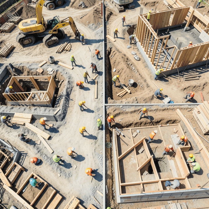 Overhead view of a construction site showing the alignment and coordination of diverse workforce resources across different project phases.