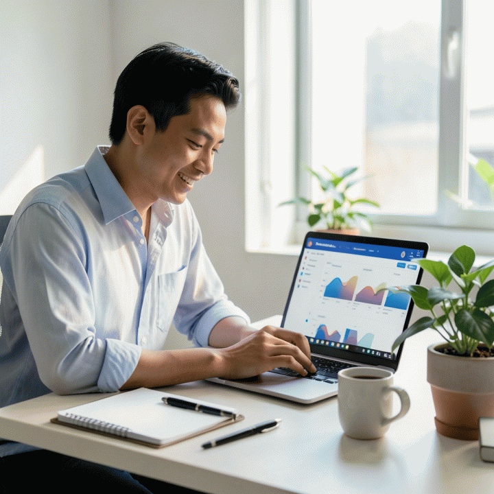 Seorang profesional muda Indonesia yang fokus bekerja di meja kerja modern dan terorganisir, menunjukkan peningkatan produktivitas dengan penggunaan perangkat digital dan alat bantu perencanaan.