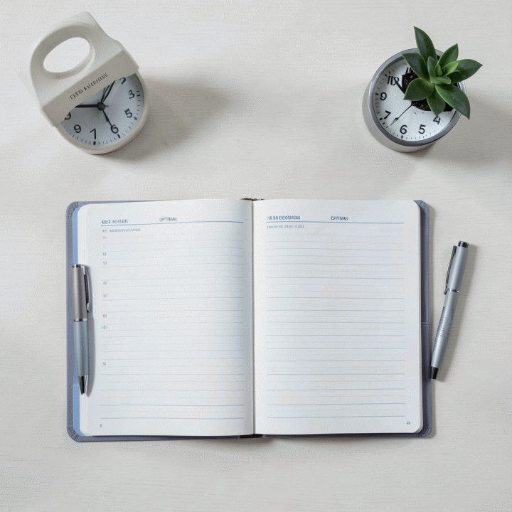 Foto pandangan atas (flat lay) dari meja kerja yang rapi dan terorganisir dengan jurnal perencanaan waktu, pena, dan elemen dekorasi minimalis lainnya untuk meningkatkan efisiensi.