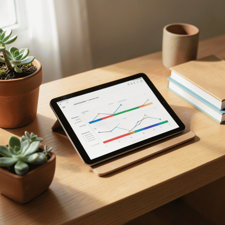 Pengaturan meja kayu minimalis dengan tablet yang menampilkan diagram perencanaan hidup dan manajemen waktu, dikelilingi elemen alam yang terorganisasi.