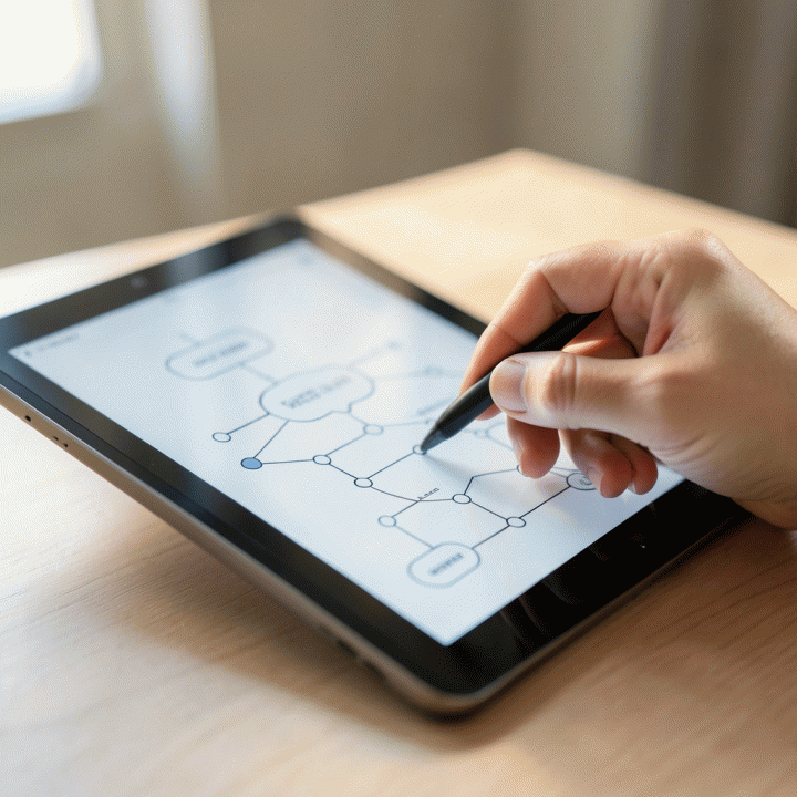Tangan yang sedang berinteraksi dengan tablet untuk memetakan tujuan dan proyek dalam diagram visual yang terstruktur.