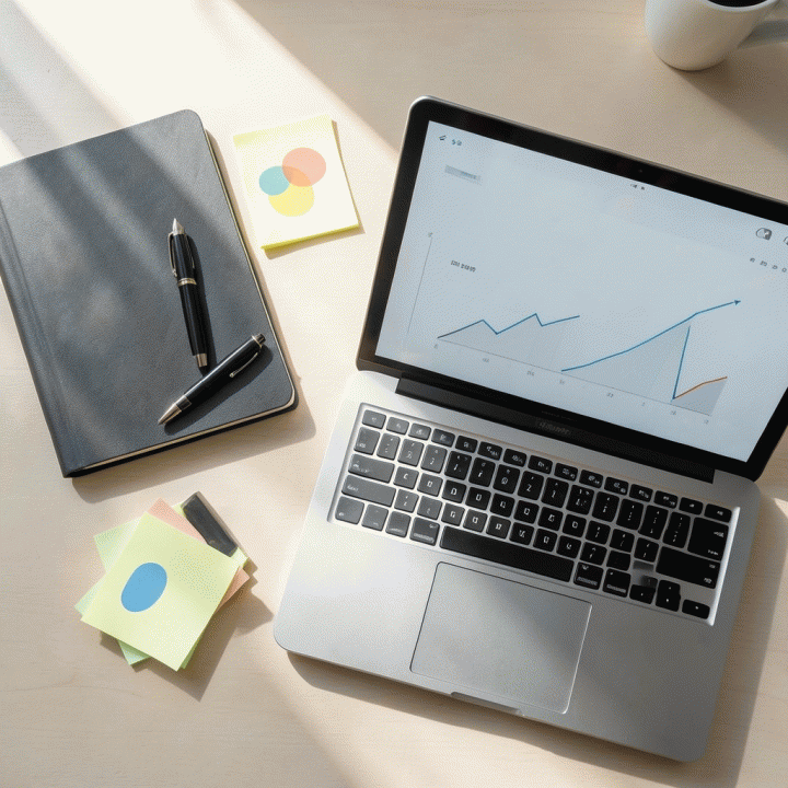 Tampilan atas meja kerja yang rapi dan terorganisir, menonjolkan alat-alat produktivitas seperti buku catatan dan laptop dengan visualisasi data abstrak.