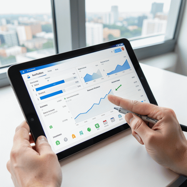 Tangan yang sedang menganalisis data anggaran perjalanan dan pelacakan pengeluaran pada antarmuka spreadsheet di tablet modern.