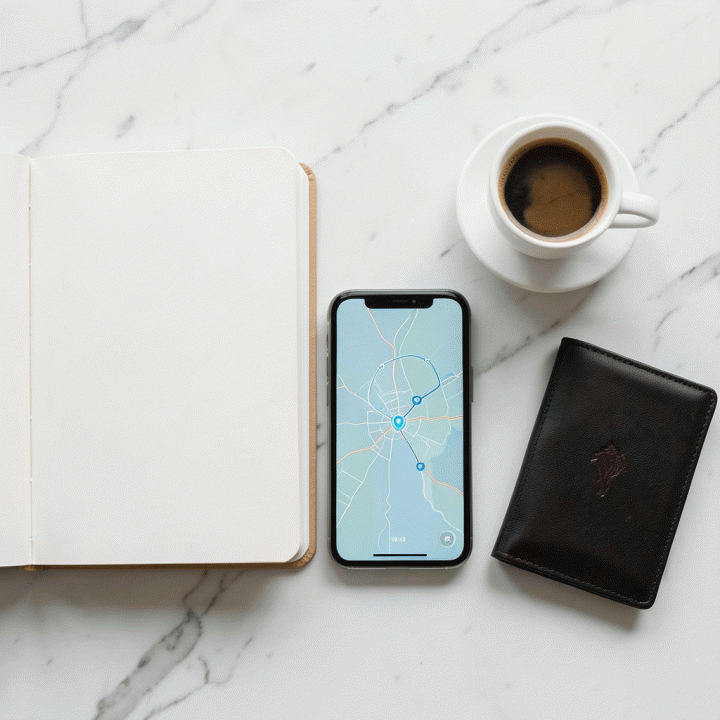 Tampilan datar yang rapi dari alat-alat perencanaan perjalanan: buku catatan, smartphone dengan peta rute, dan paspor, melambangkan kesiapan berkunjung.