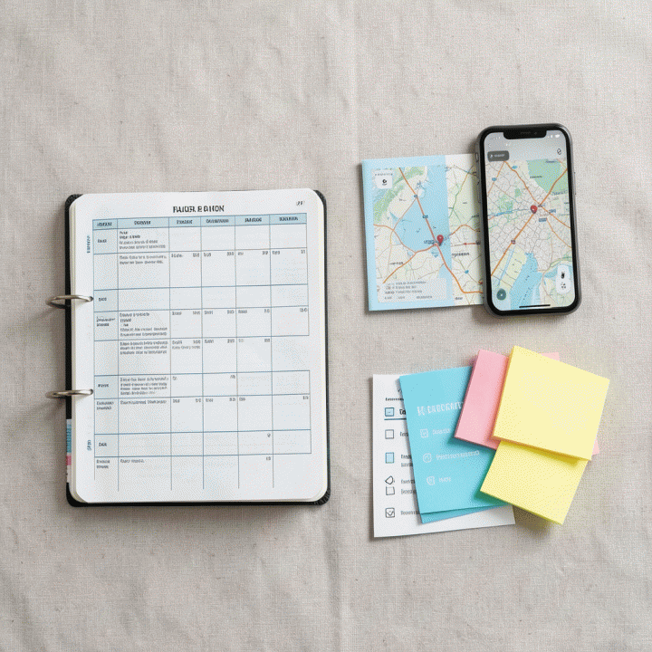 Foto flat lay yang menampilkan berbagai alat perencanaan perjalanan: buku agenda dengan jadwal harian, smartphone dengan peta, dan kartu checklist, menekankan persiapan yang terorganisir.