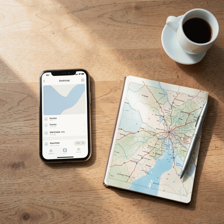 Foto overhead yang sinematik dan realistis dari meja kerja yang rapi, menampilkan smartphone dengan aplikasi perencanaan perjalanan yang intuitif, di samping buku catatan perjalanan dan kopi, melambangkan perencanaan yang terstruktur dan efisien.