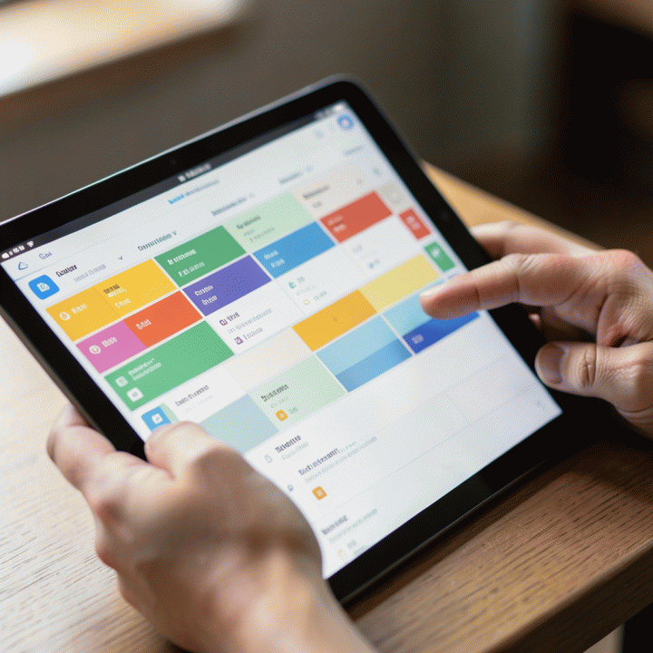 Tangan yang sedang berinteraksi dengan tablet yang menampilkan dasbor jadwal perjalanan yang terstruktur dan berwarna, menunjukkan kemudahan manajemen waktu.
