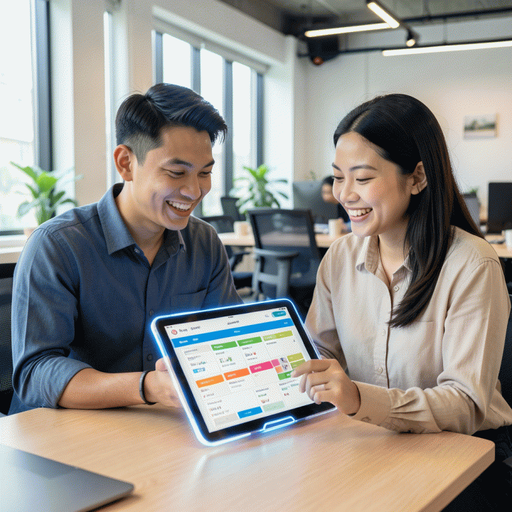 Pasangan profesional Indonesia yang bekerja sama di ruang kerja modern, melihat jadwal perjalanan terstruktur dan berwarna-warni pada tablet digital yang bercahaya.