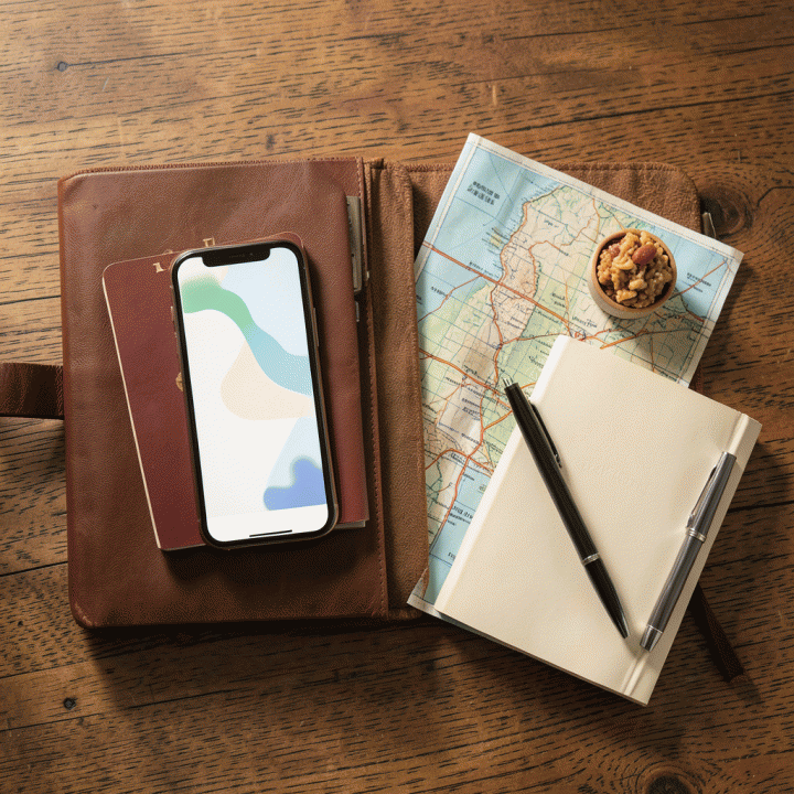 Tata letak flat lay peralatan perencanaan perjalanan yang terorganisir: smartphone, paspor, peta, dan jurnal, menunjukkan persiapan yang matang.
