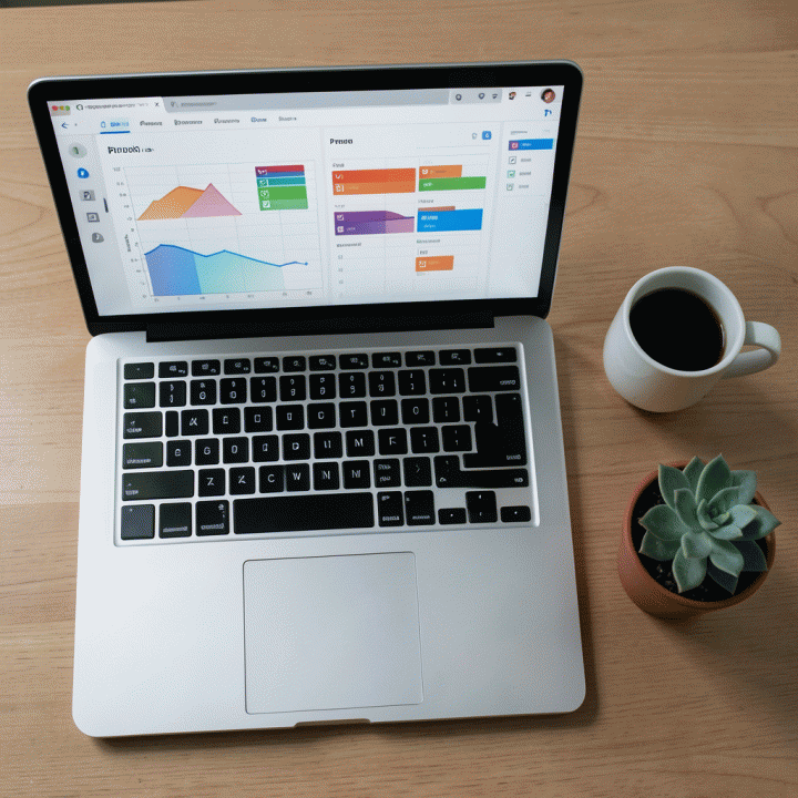 Tampilan atas meja kerja yang menampilkan laptop dengan antarmuka spreadsheet digital terstruktur dan perlengkapan kerja minimalis lainnya.