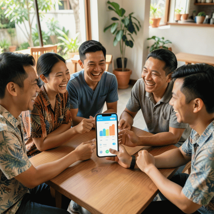 Kelompok teman Indonesia yang gembira berinteraksi dengan aplikasi di smartphone, menunjukkan kemudahan mengatur anggaran dan membagi biaya liburan.