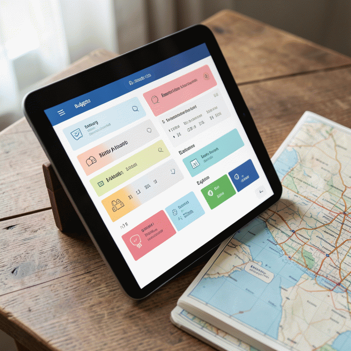 Perencanaan itinerary perjalanan yang rapi dan terorganisir menggunakan tablet, menunjukkan fitur penganggaran dan jadwal.