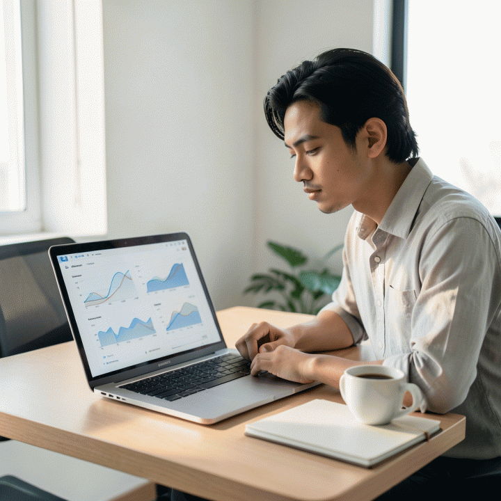 Seorang profesional Indonesia yang fokus bekerja di meja kerja minimalis dengan laptop menampilkan antarmuka perencanaan digital yang terstruktur, melambangkan manajemen tugas dan perjalanan yang terorganisir.